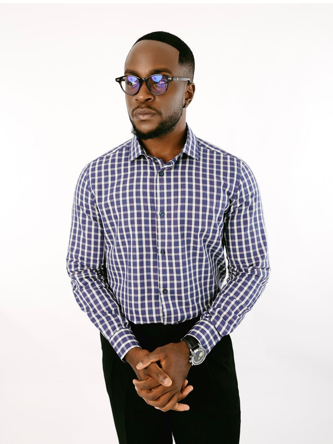 Navy Blue Checkered Collar long sleeve Shirt