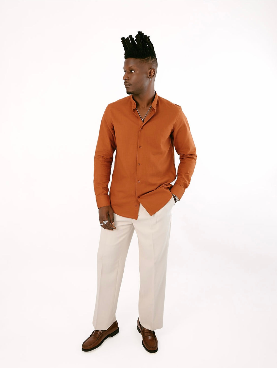 Burnt Orange Linen Bishop Collar Shirt