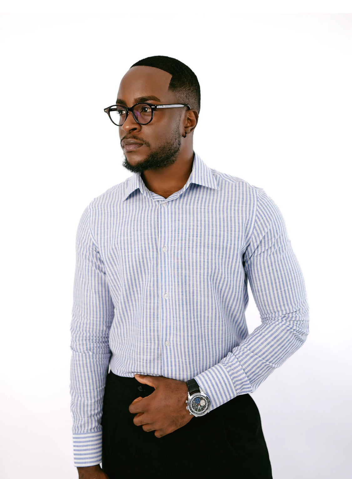 Sky Blue Stripe Linen Collar Shirt