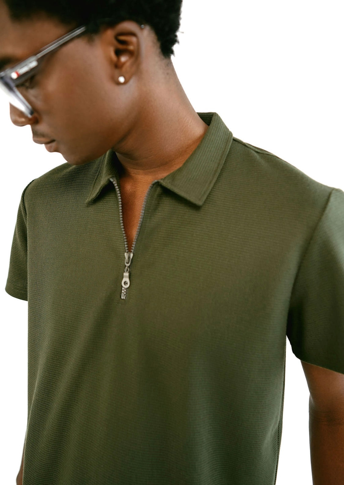 Army Green Knitted Zipper Polo