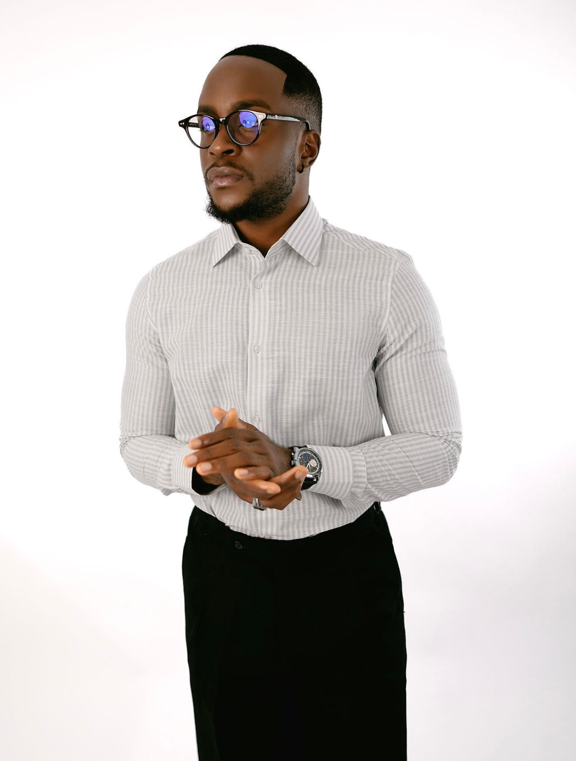 Grey Stripe Linen Collar Shirt