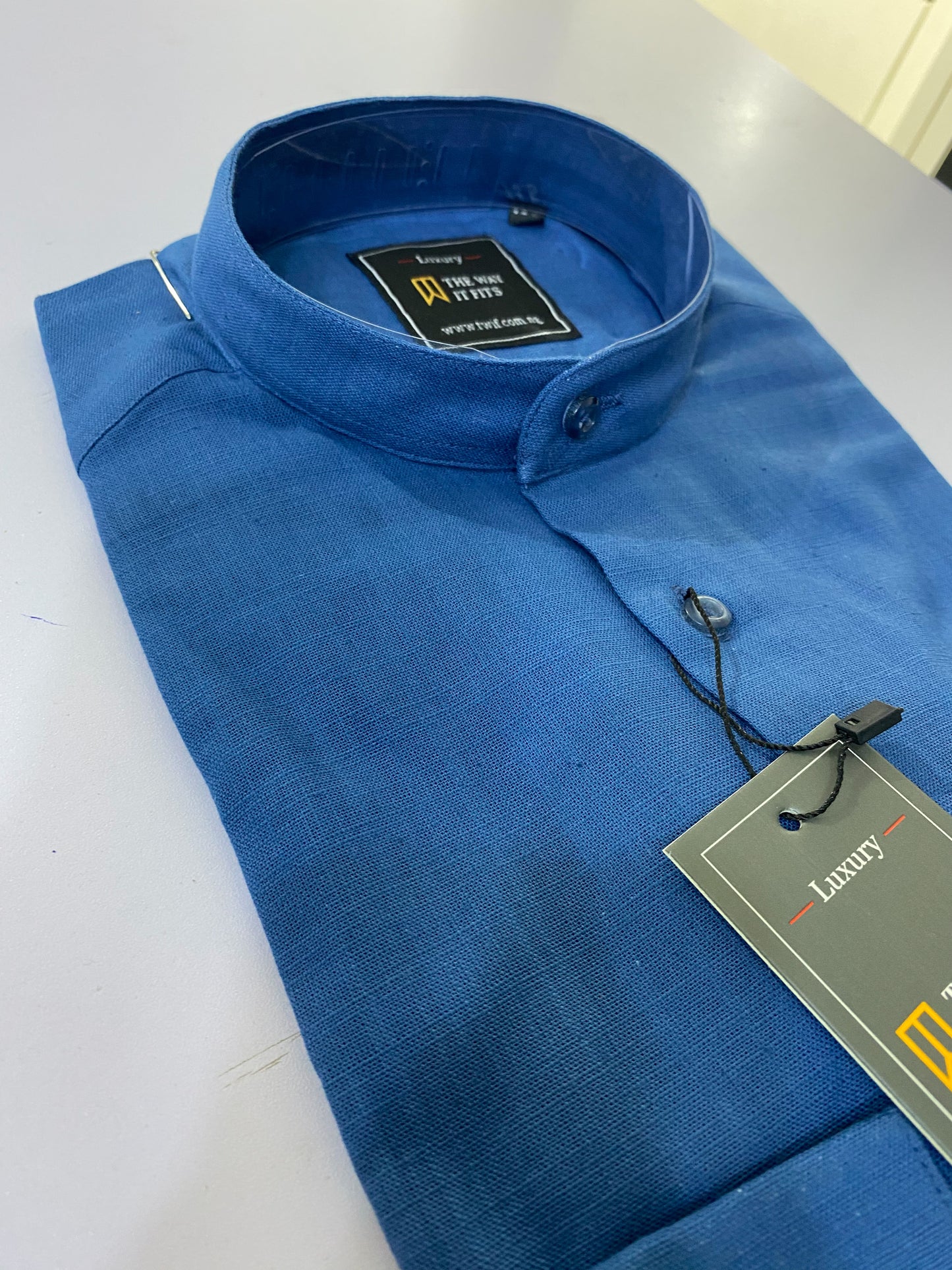 Midnight Blue Linen Bishop Collar