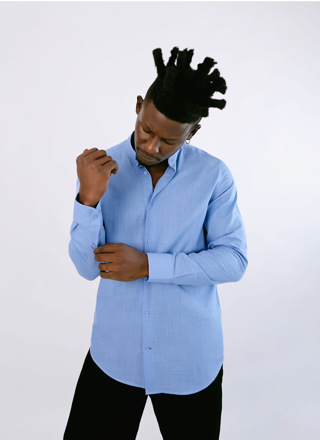 Sky Blue Linen Bishop Collar Shirt
