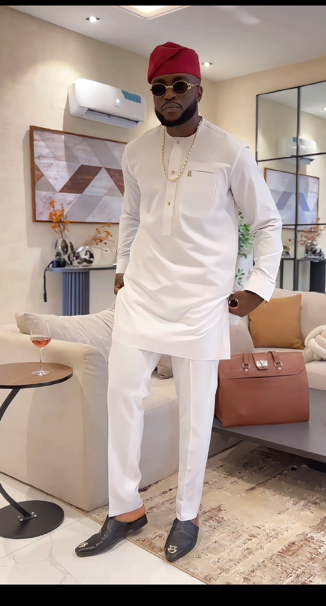 White Long Sleeve Kaftan with Swarovski Button (RTW)