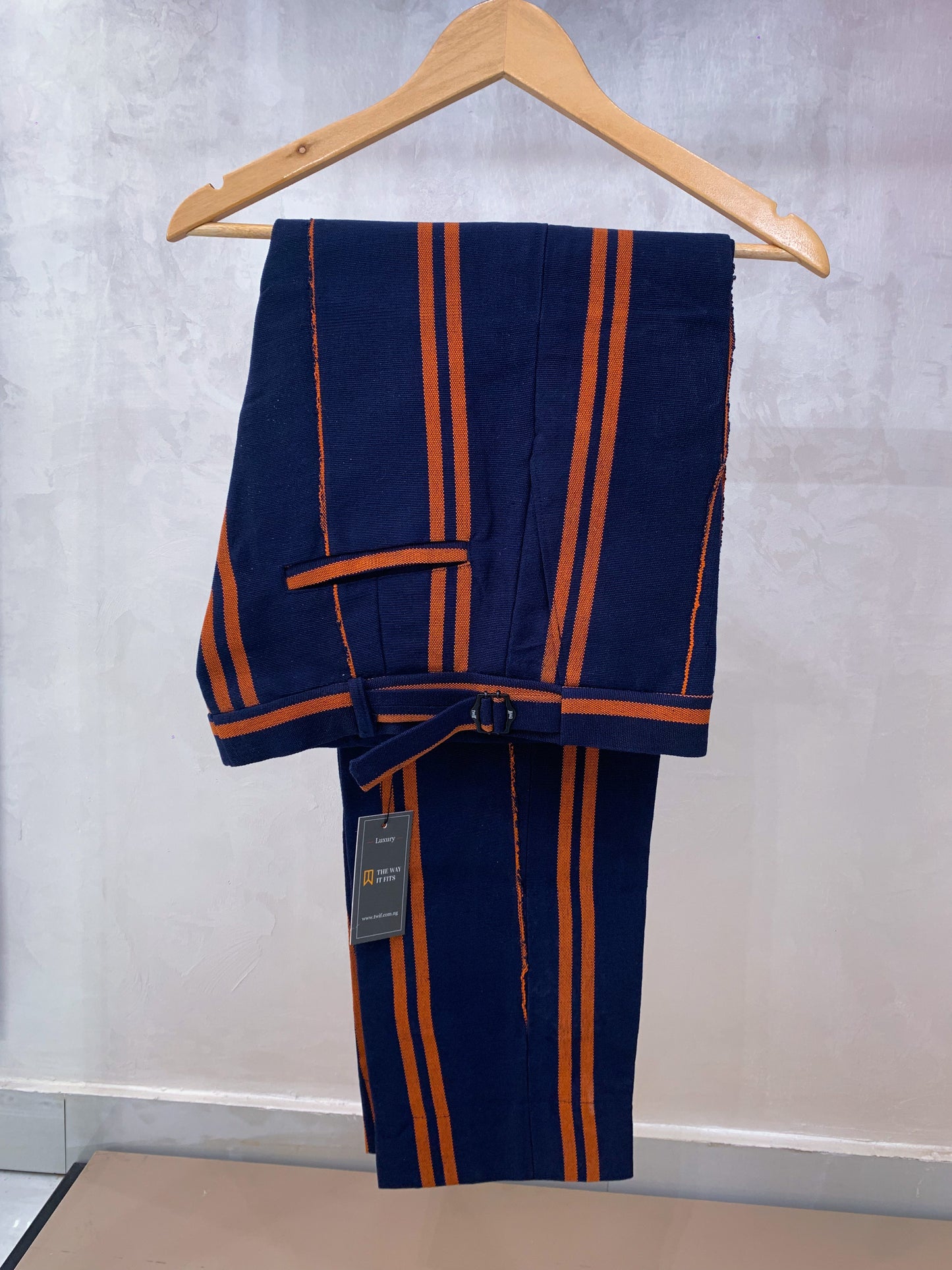Navy blue and orange stripe Aso Oke pant