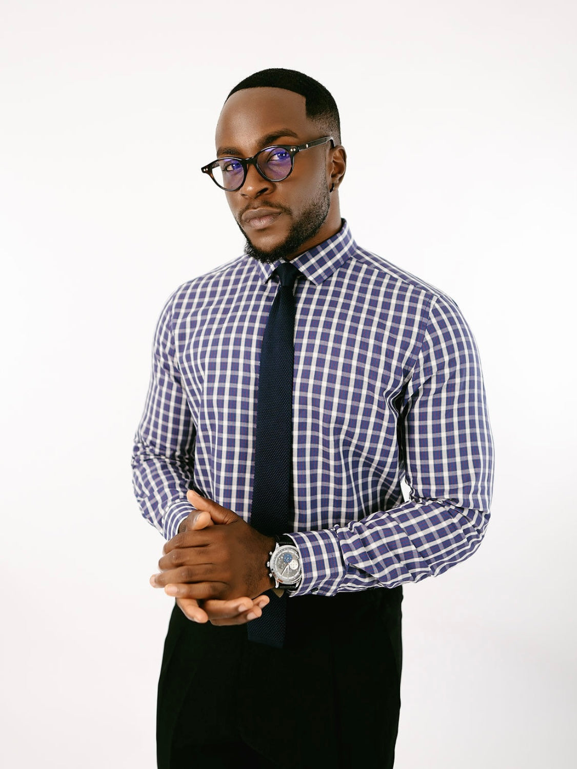 Navy Blue Checkered Collar long sleeve Shirt