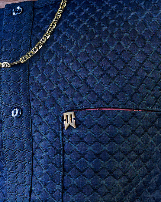Navy Blue Jacquard 3/4 Sleeve Kaftan
