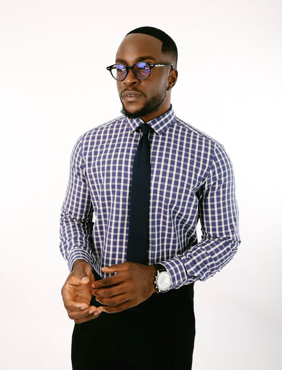Navy Blue Checkered Collar long sleeve Shirt