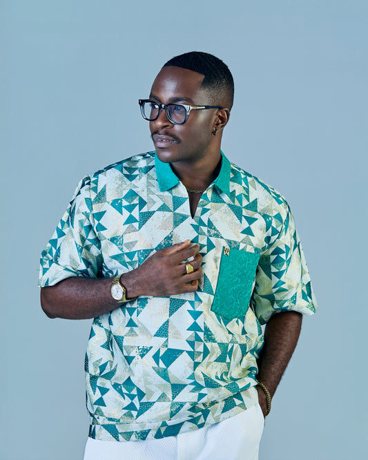 Green Patterned Shirt with Printed Collar
