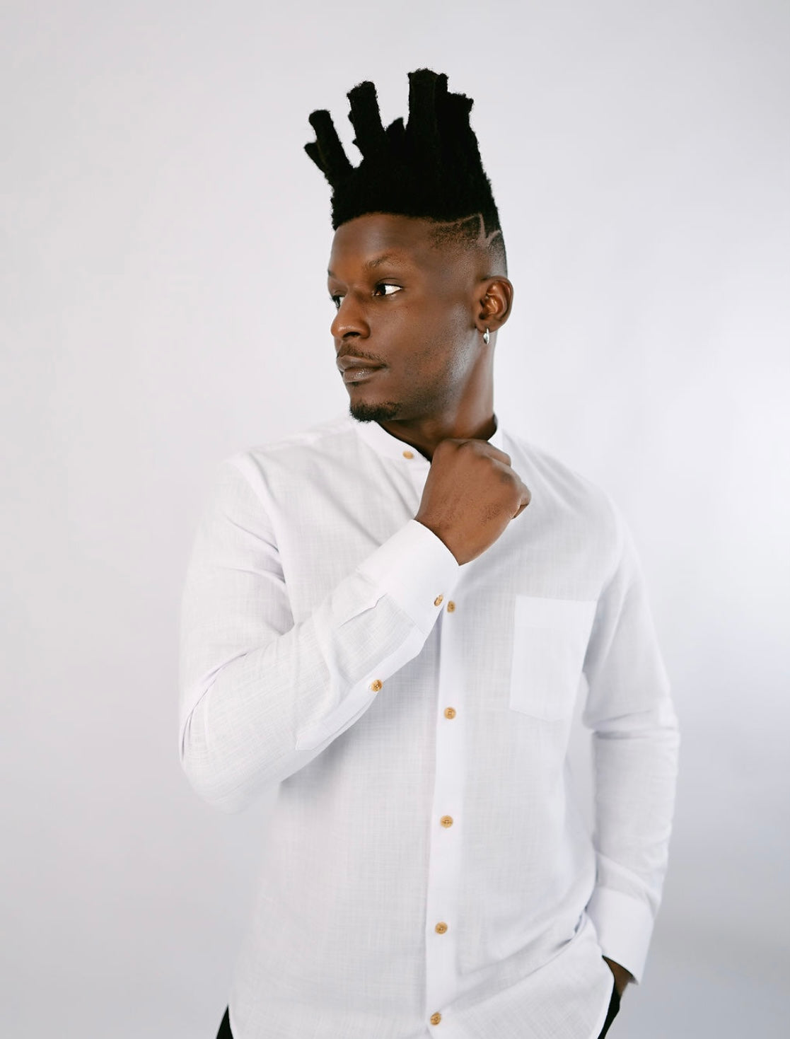 White Linen Bishop Collar with brown button Shirt