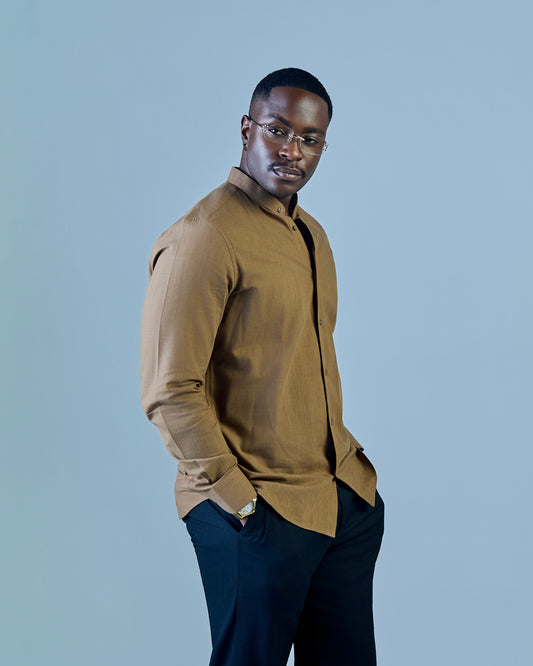 Brown Linen Bishop Collar Shirt