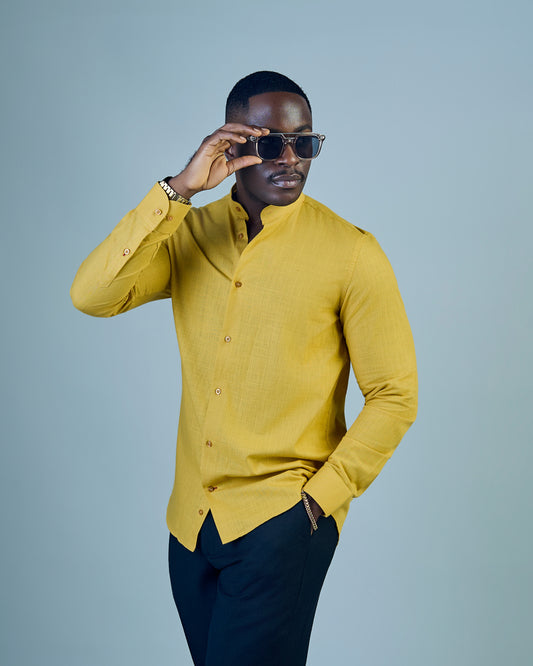 Yellow Linen Bishop Collar Shirt
