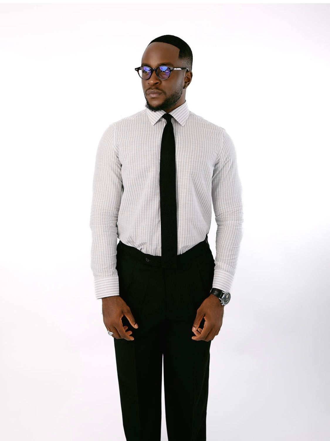 Grey Stripe Linen Collar Shirt