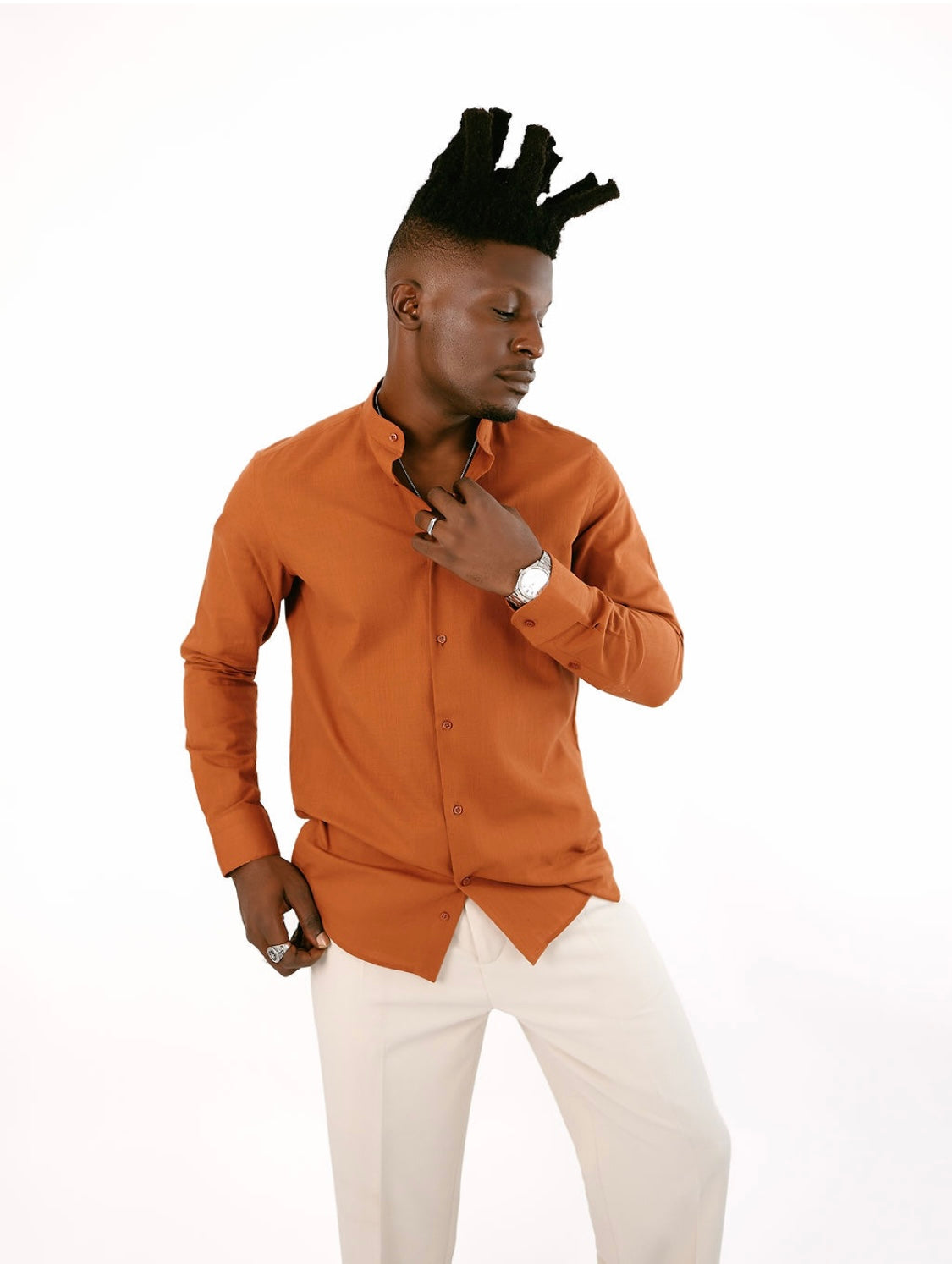 Burnt Orange Linen Bishop Collar Shirt