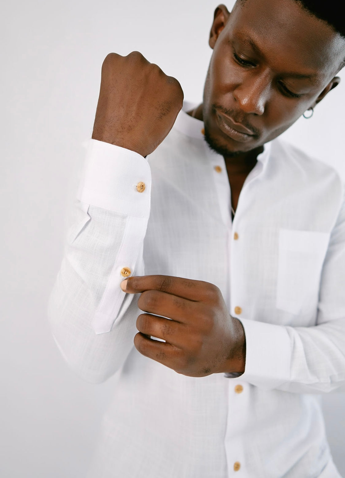 White Linen Bishop Collar with brown button Shirt