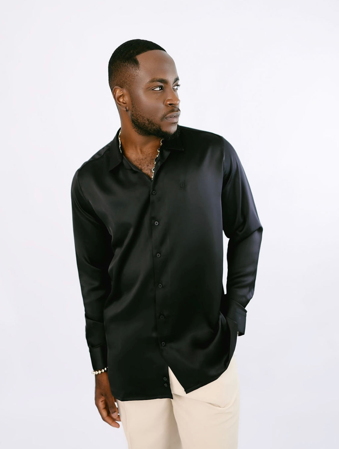 Black Satin Safari Long Sleeve Shirt