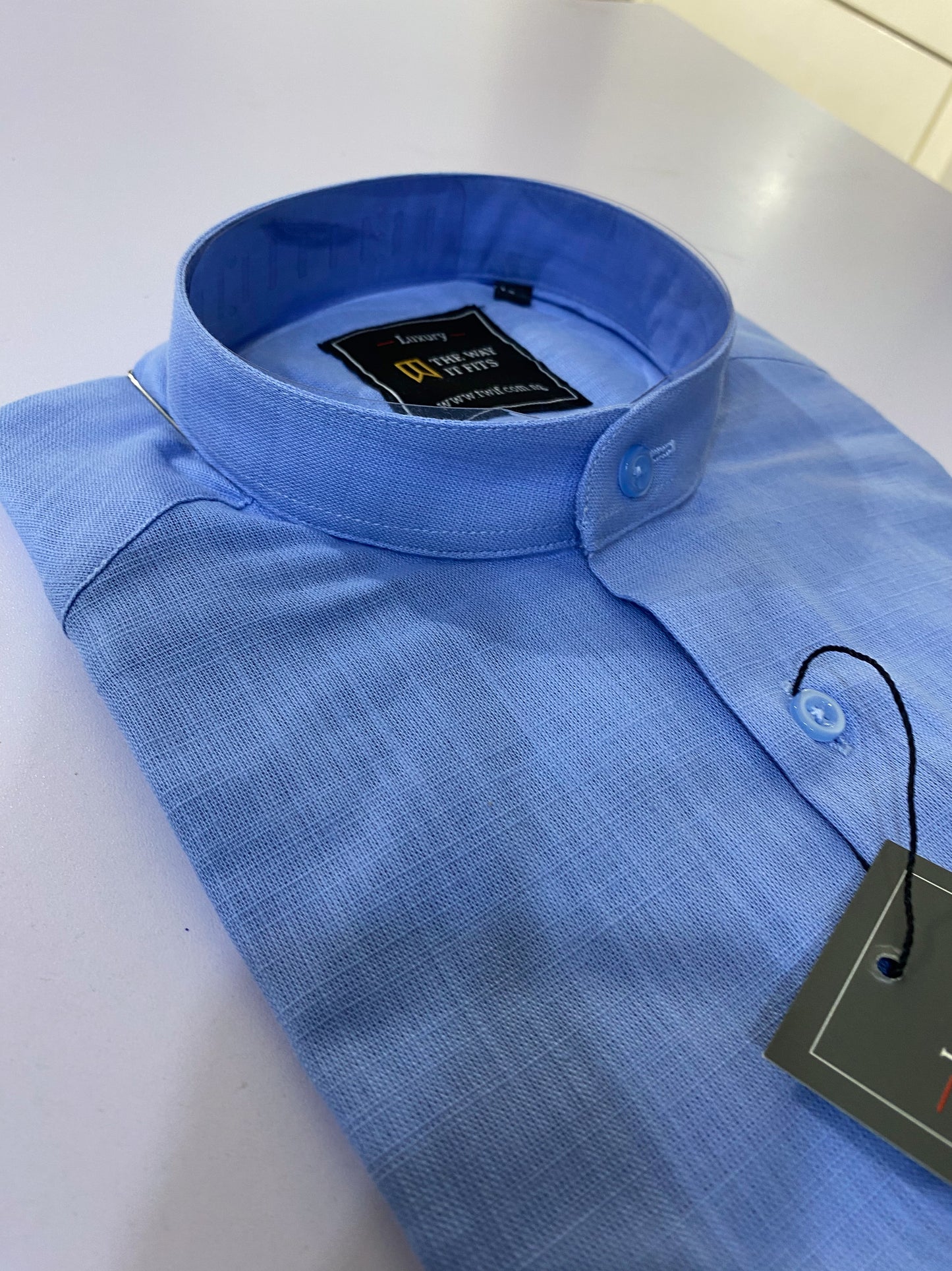 Sky Blue Linen Bishop Collar Shirt