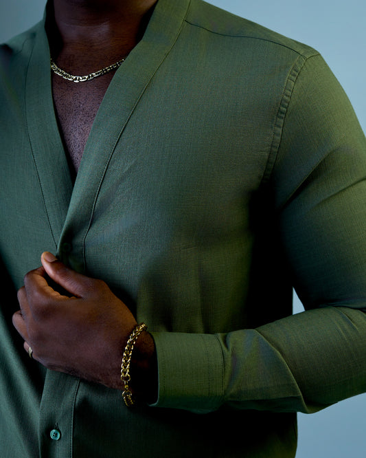 Green Linen V-neck Shirt