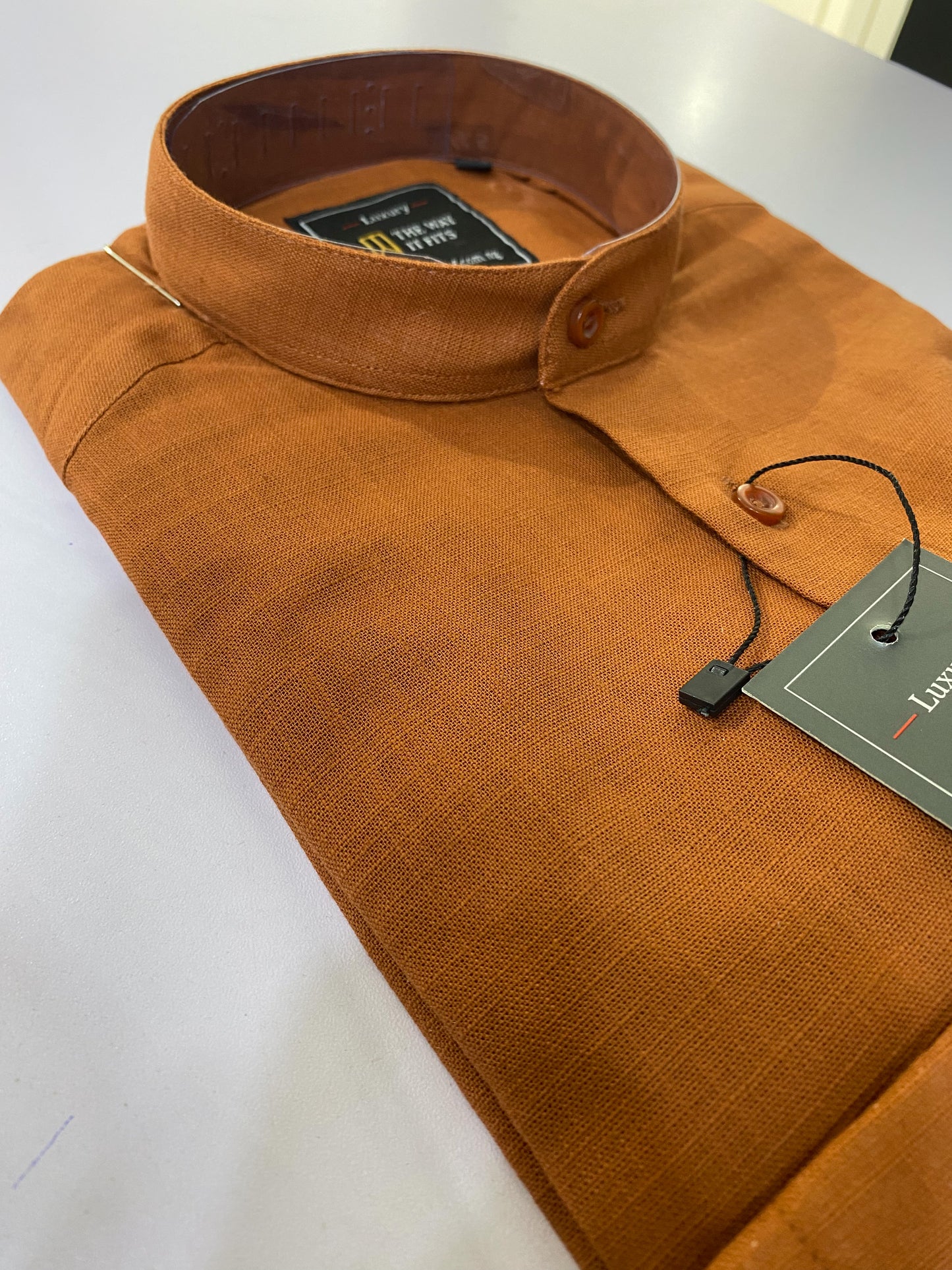 Burnt Orange Linen Bishop Collar Shirt