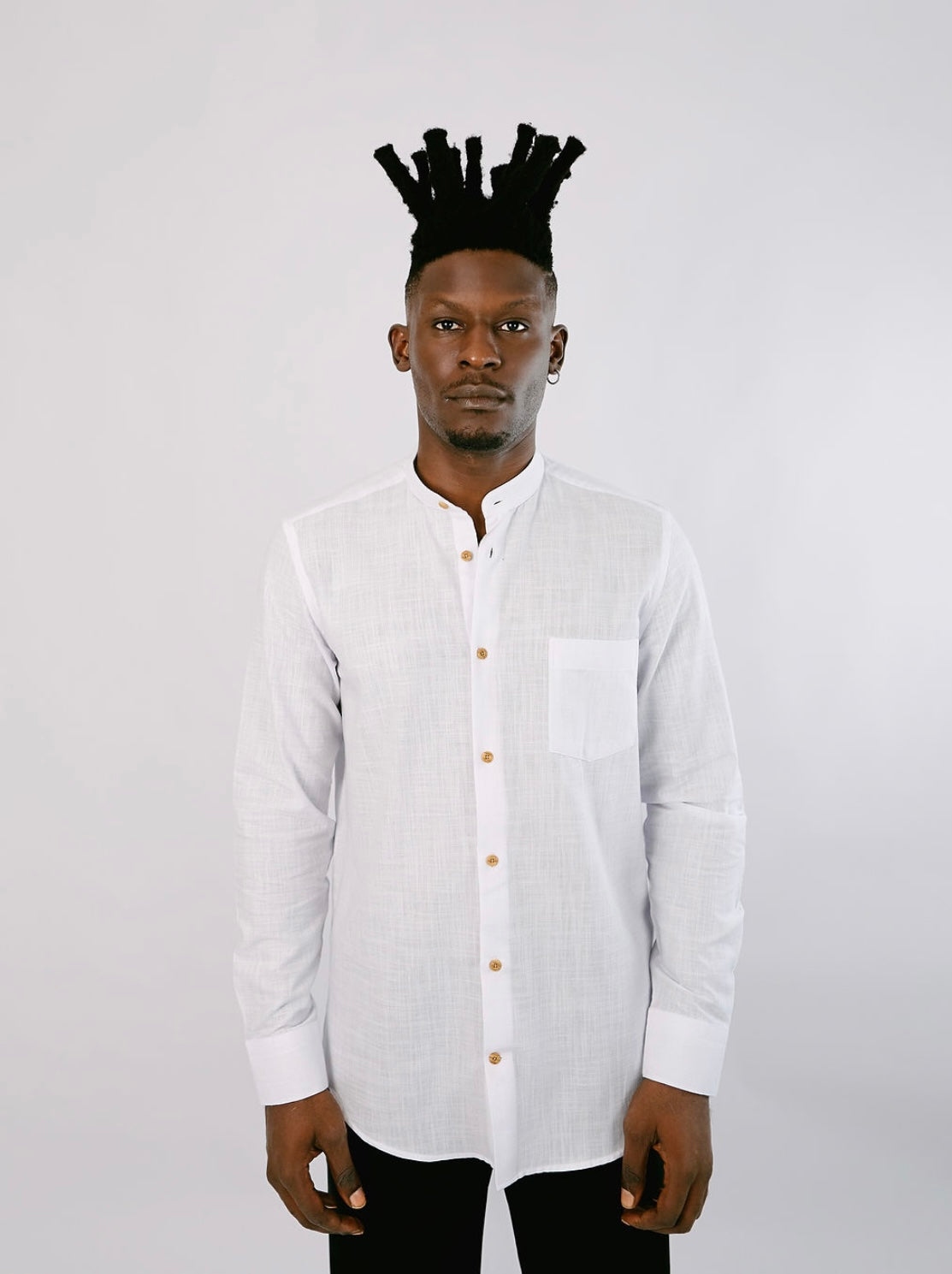 White Linen Bishop Collar with brown button Shirt