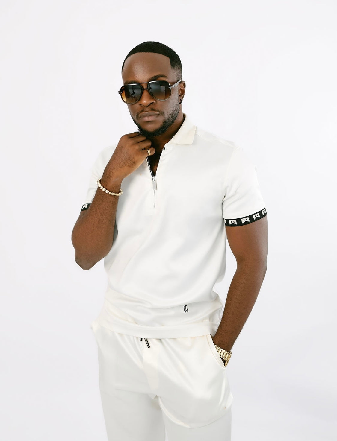 Ivory (off white) signature satin 2pc polo set and joggers