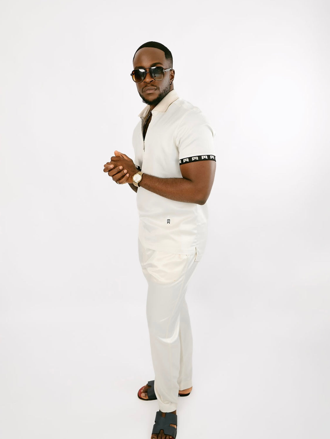 Ivory (off white) signature satin 2pc polo set and joggers