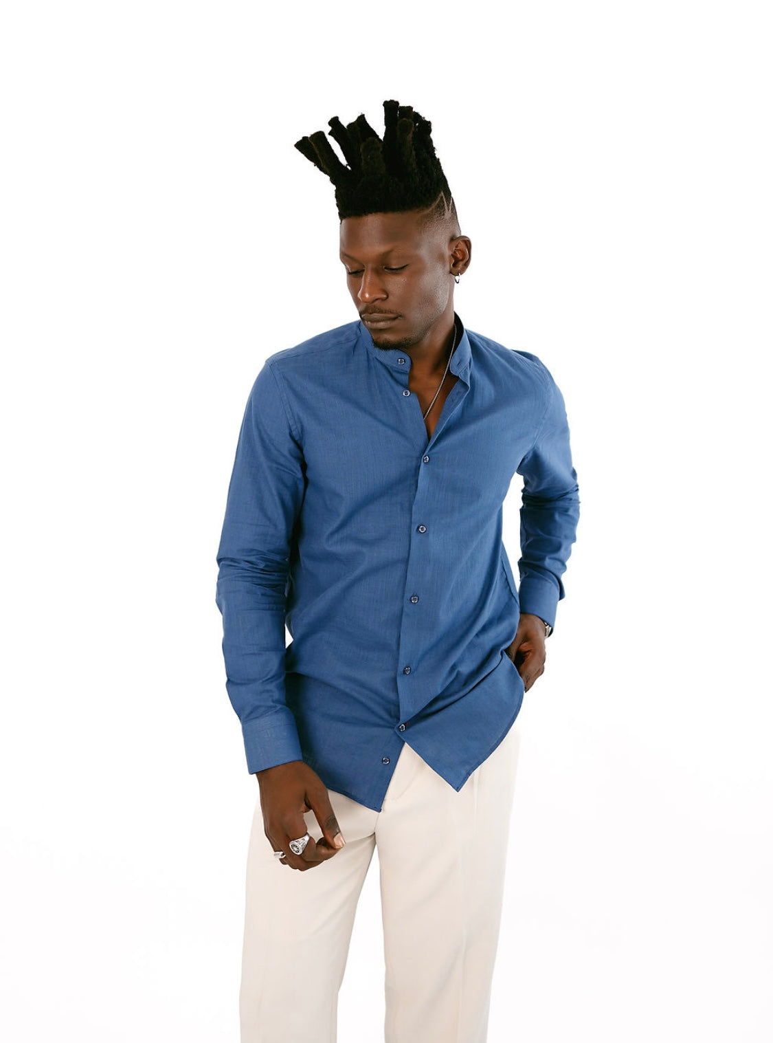 Midnight Blue Linen Bishop Collar