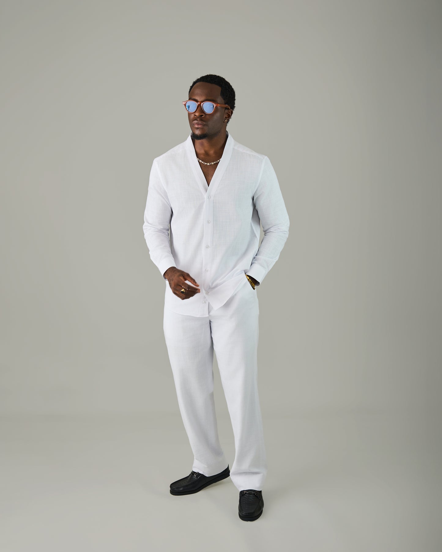 White Linen Vneck Set