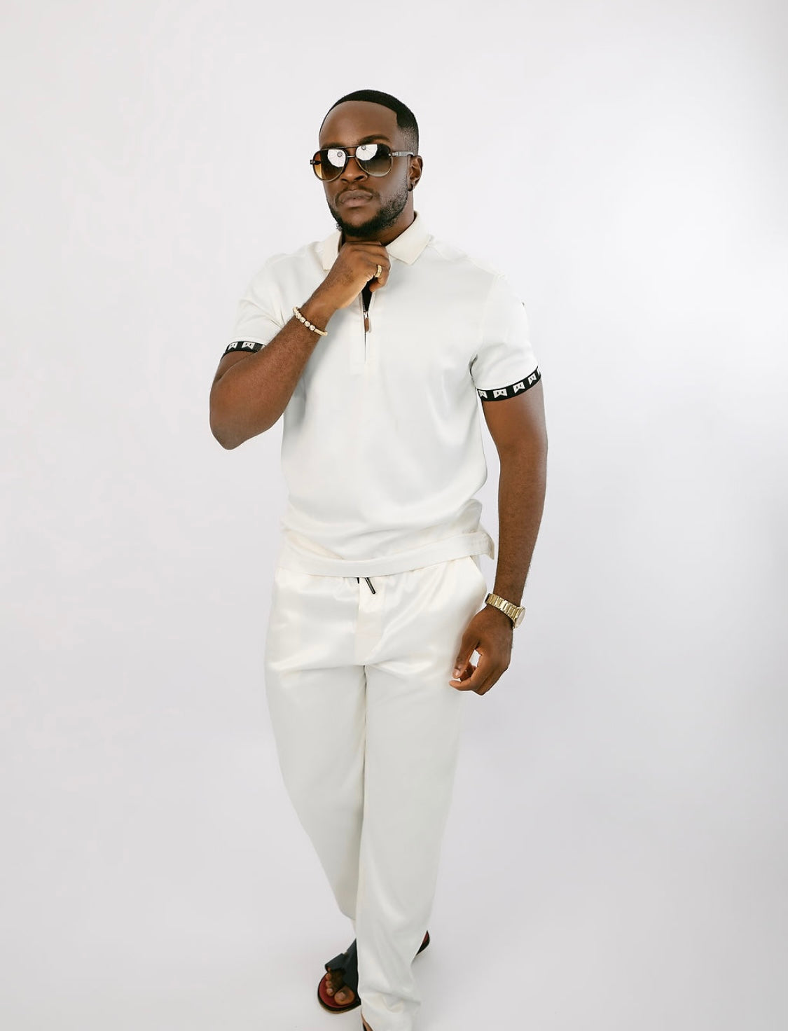 Ivory (off white) signature satin 2pc polo set and joggers