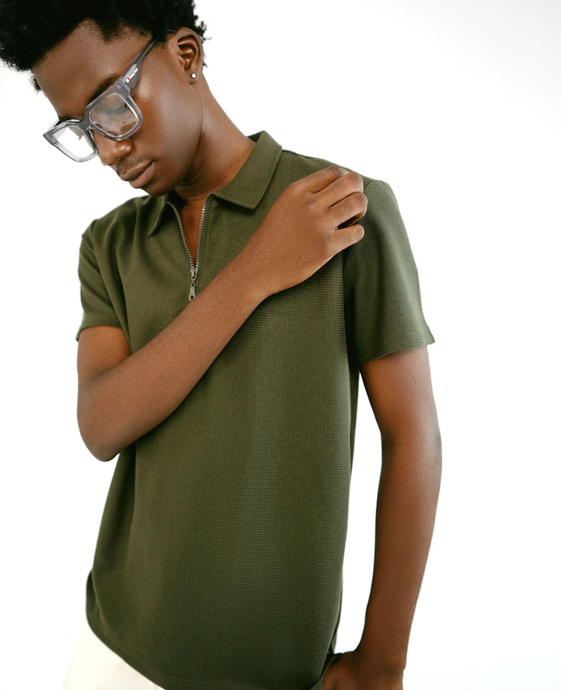 Army Green Knitted Zipper Polo