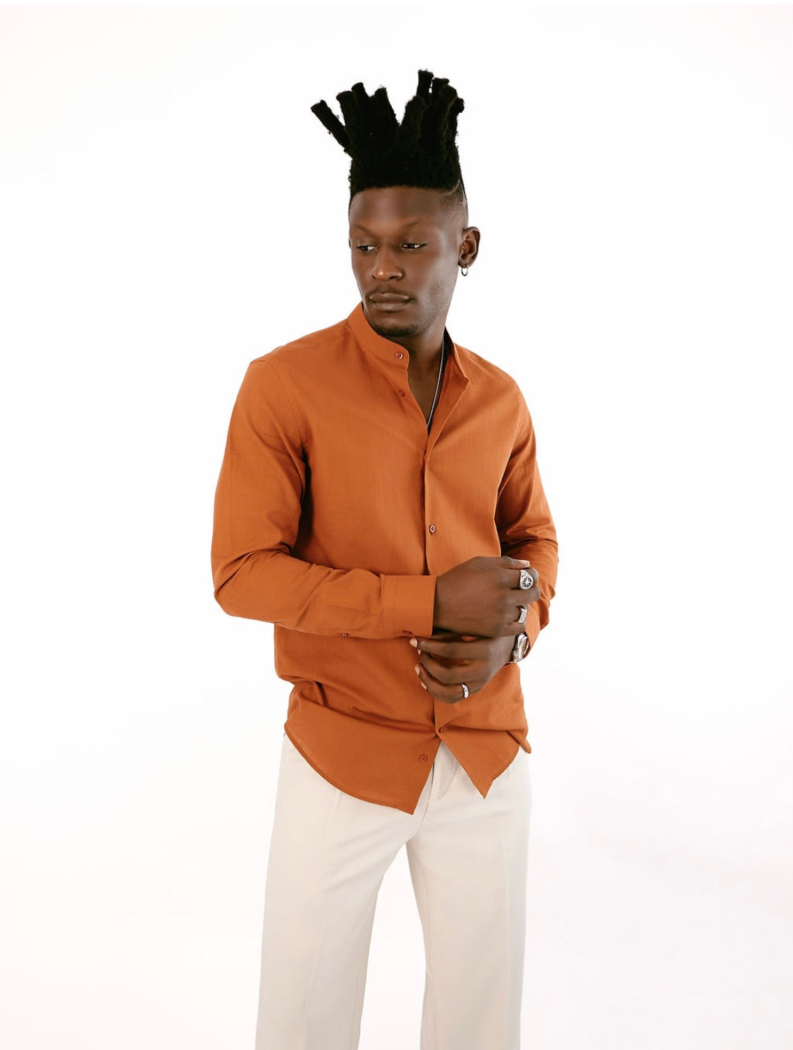 Burnt Orange Linen Bishop Collar Shirt