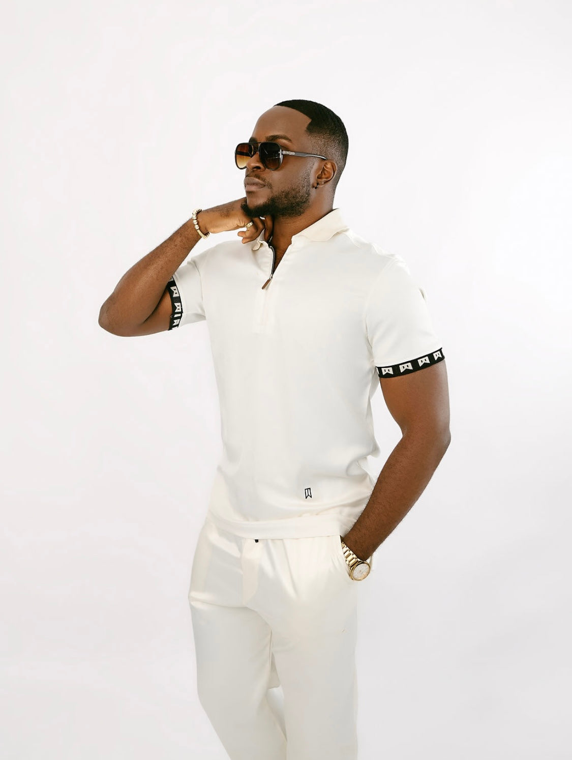 Ivory (off white) signature satin 2pc polo set and joggers