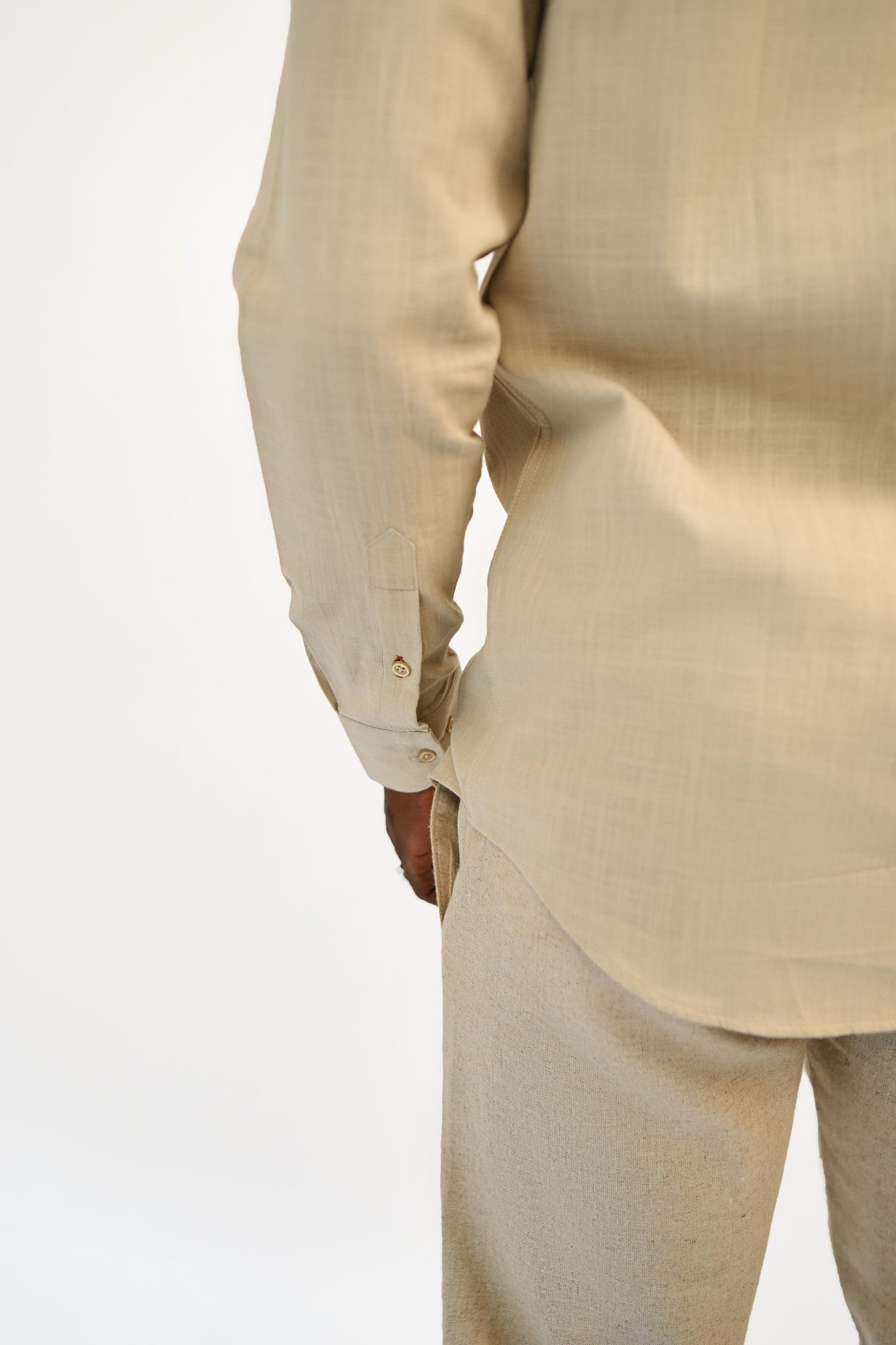 Beige Linen Bishop Collar Shirt