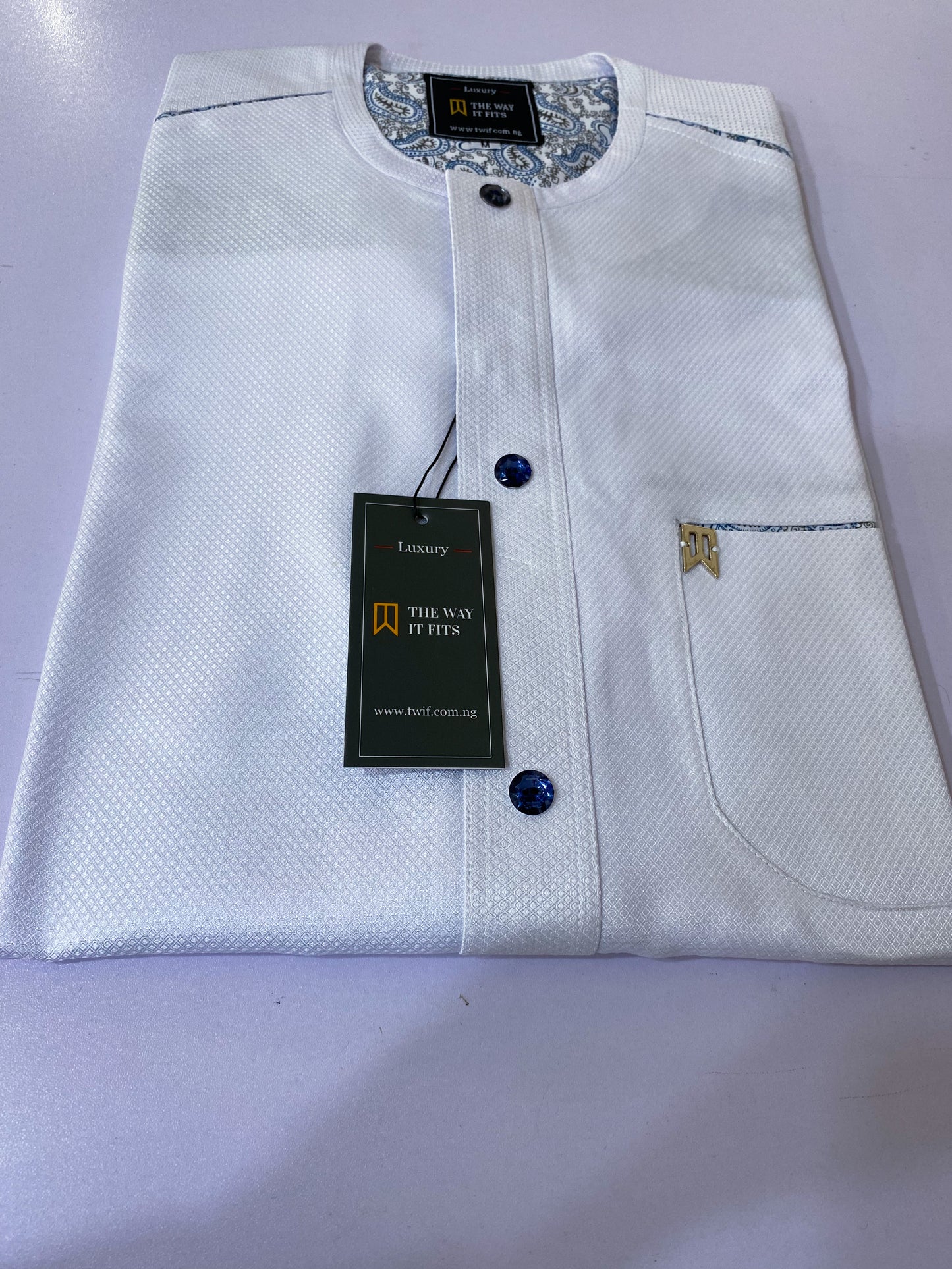 White Long Sleeve Kaftan with Swarovski Button (RTW)