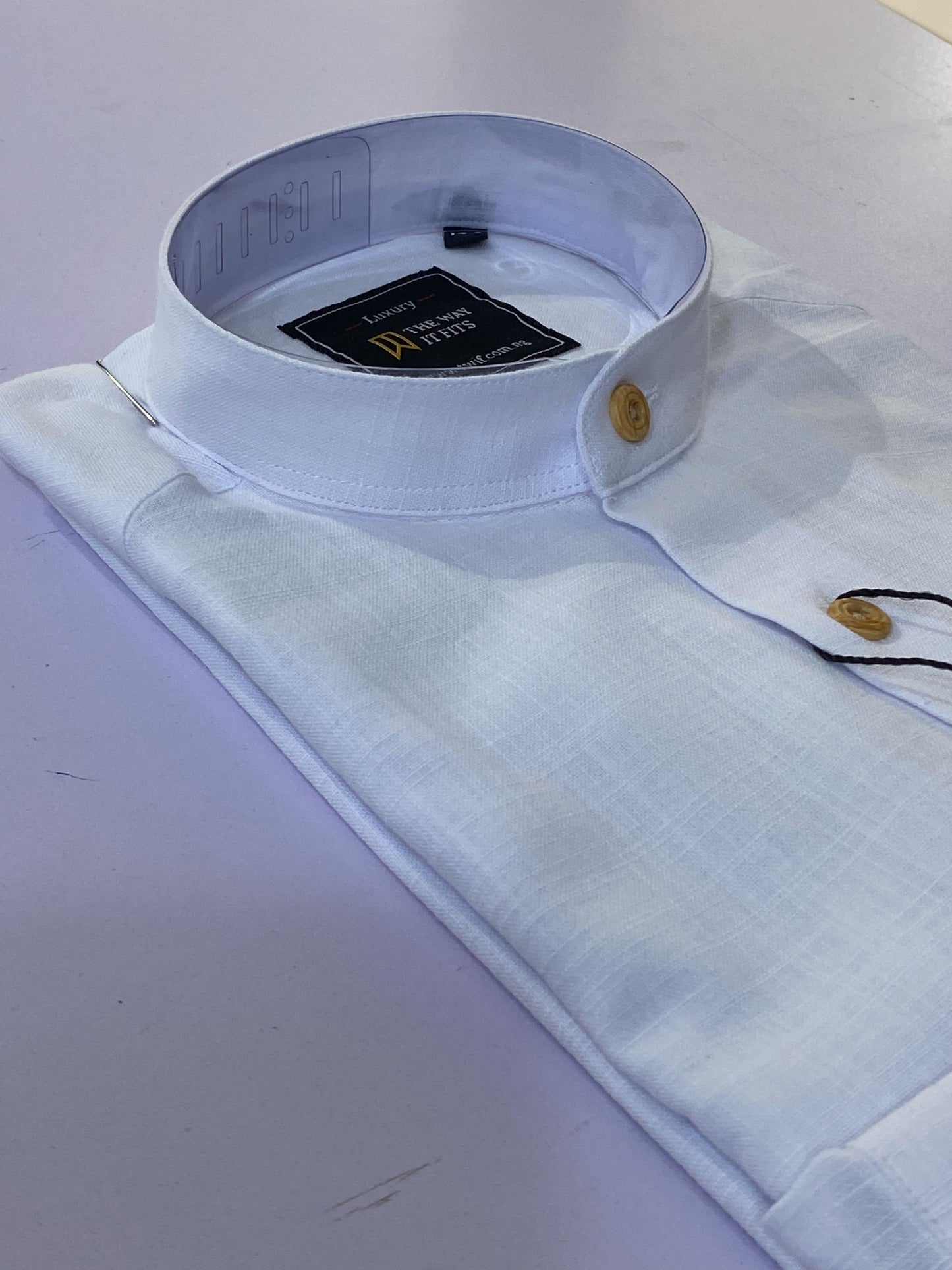 White Linen Bishop Collar with brown button Shirt