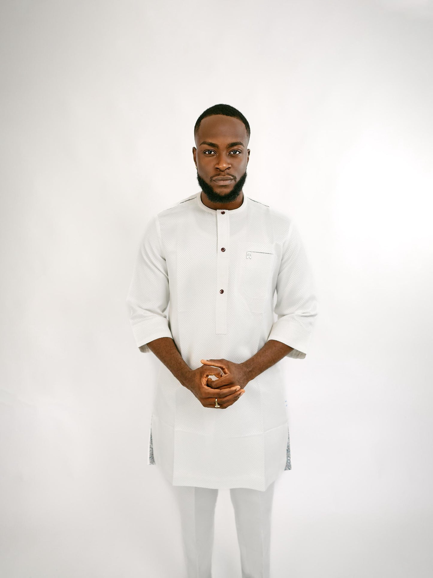 White Jacquard Three Quarters Sleeve Native