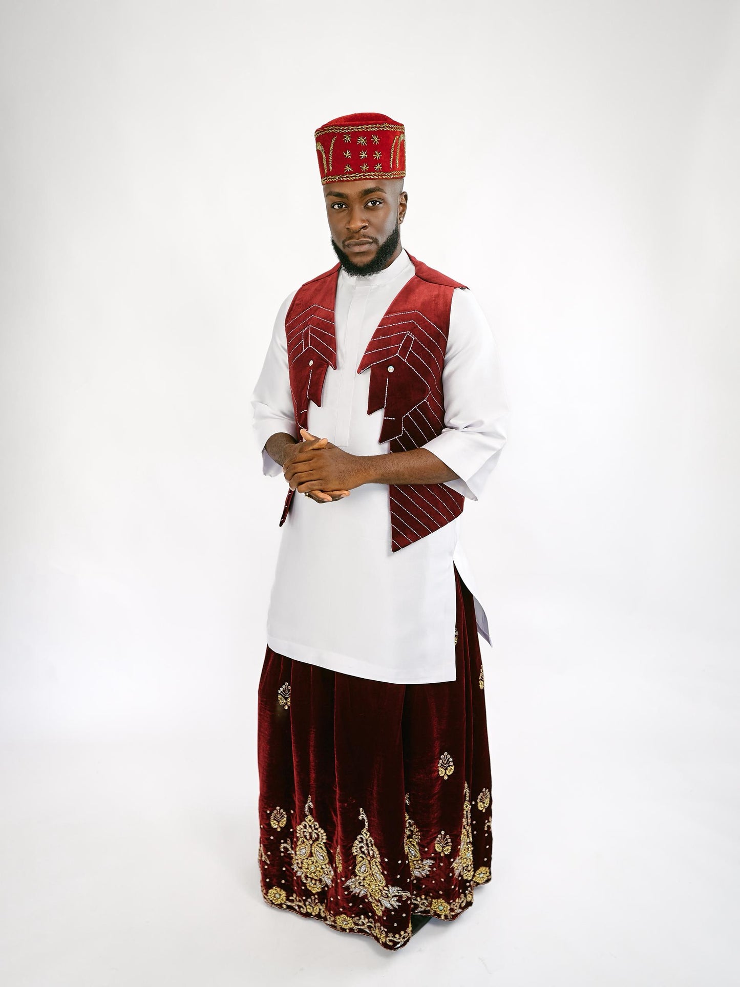 Wine velvet waist coat and wrapper Traditional
