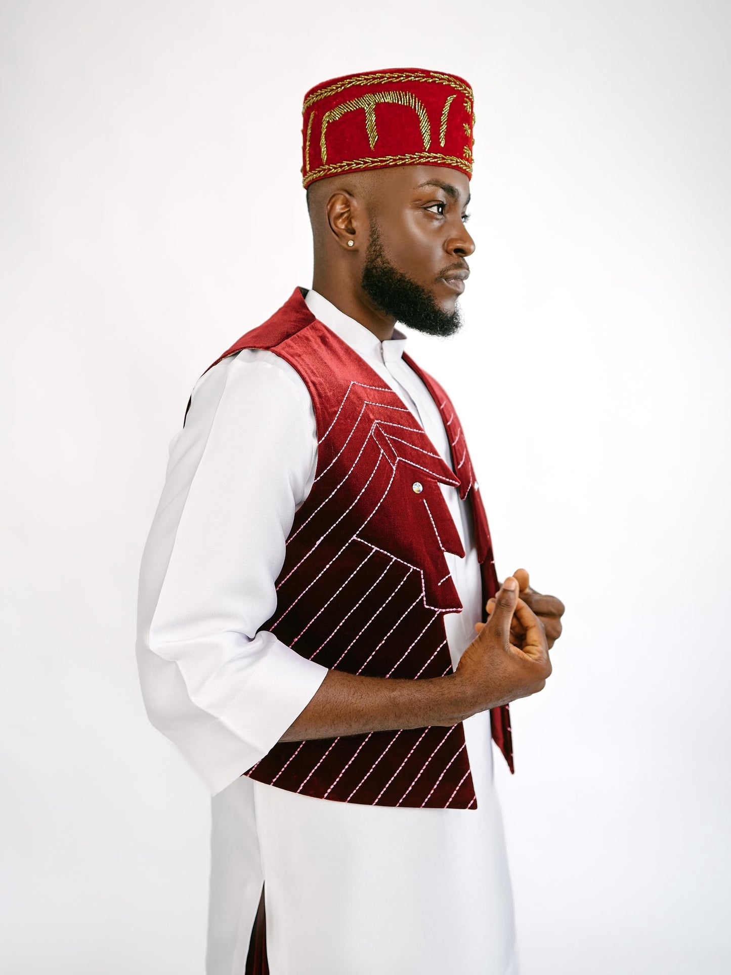 Wine velvet waist coat and wrapper Traditional