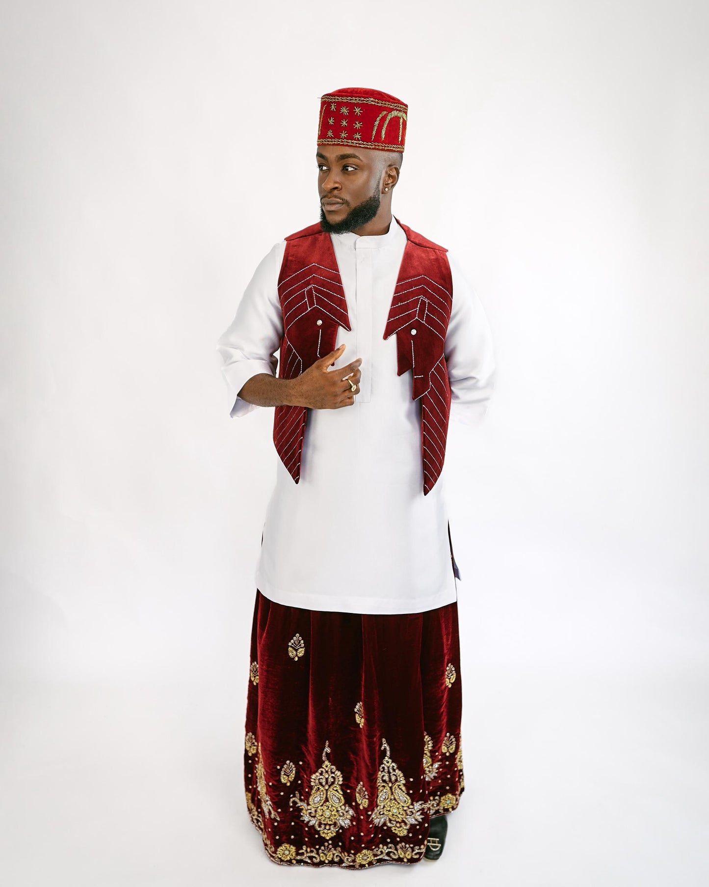Wine velvet waist coat and wrapper Traditional