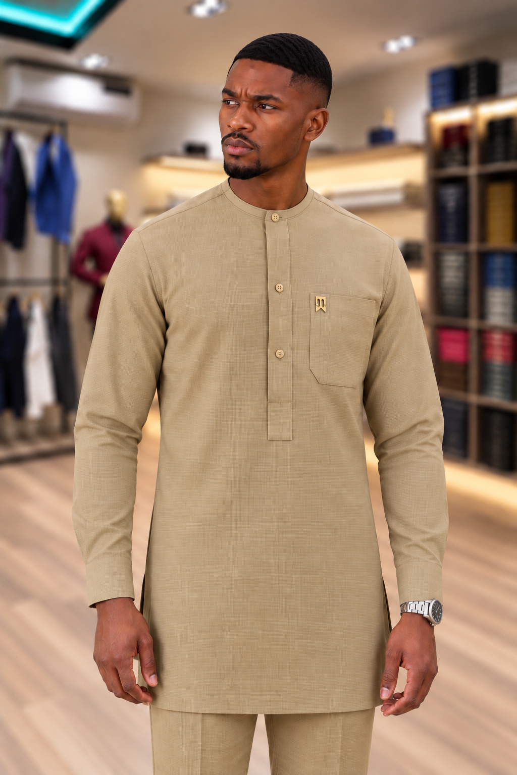 Brown Jacquard long sleeve kaftan with Swarovski Buttons (RTW)