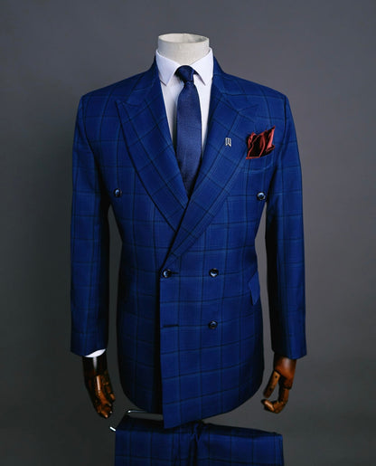 Navy Blue Checkered Corporate Two Piece Suit