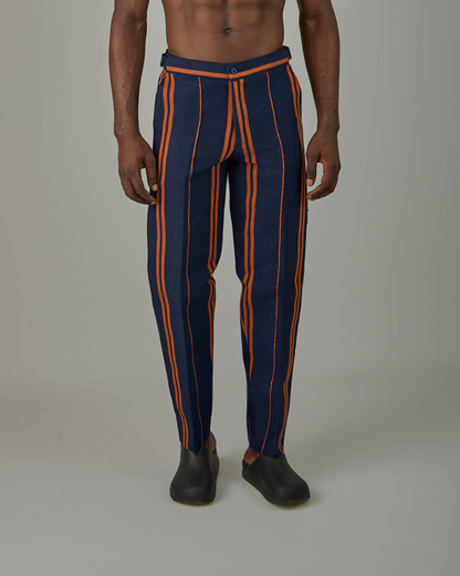 Navy blue and orange stripe Aso Oke pant