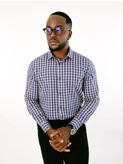 Navy Blue Checkered Collar long sleeve Shirt