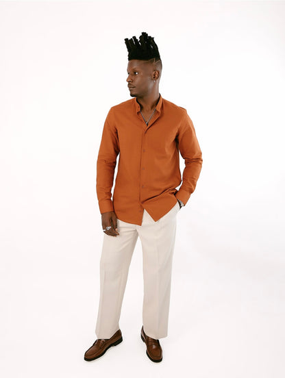 Burnt Orange Linen Bishop Collar Shirt
