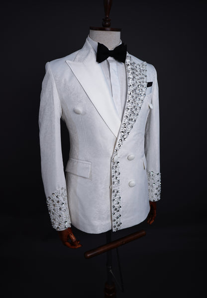 White Jaquard Two Piece tuxedo laced with crystal pearl beads