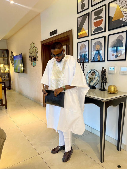 White twif signature embrodery complete agbada
