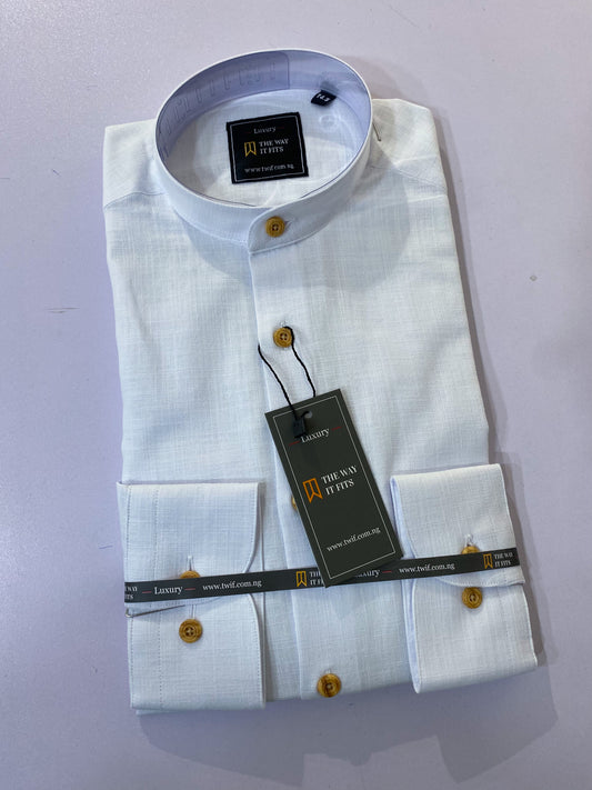 White Linen Bishop Collar with brown button Shirt