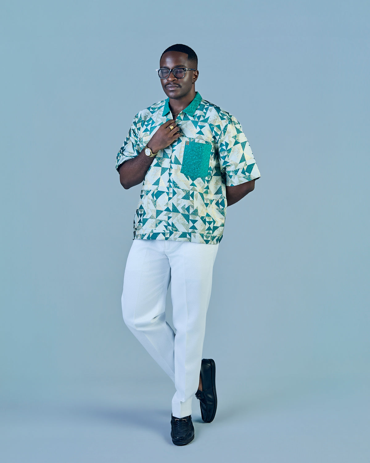 Green Patterned Shirt with Printed Collar