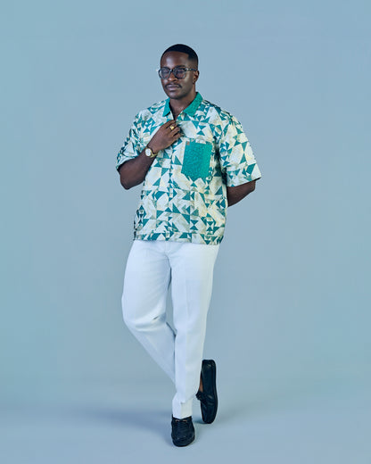 Green Patterned Shirt with Printed Collar