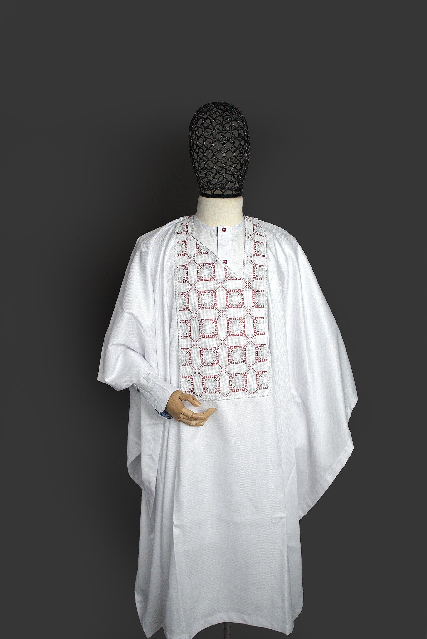 Cocaine White Long Sleeve Agbada With Wine Symmetrical Embroidery
